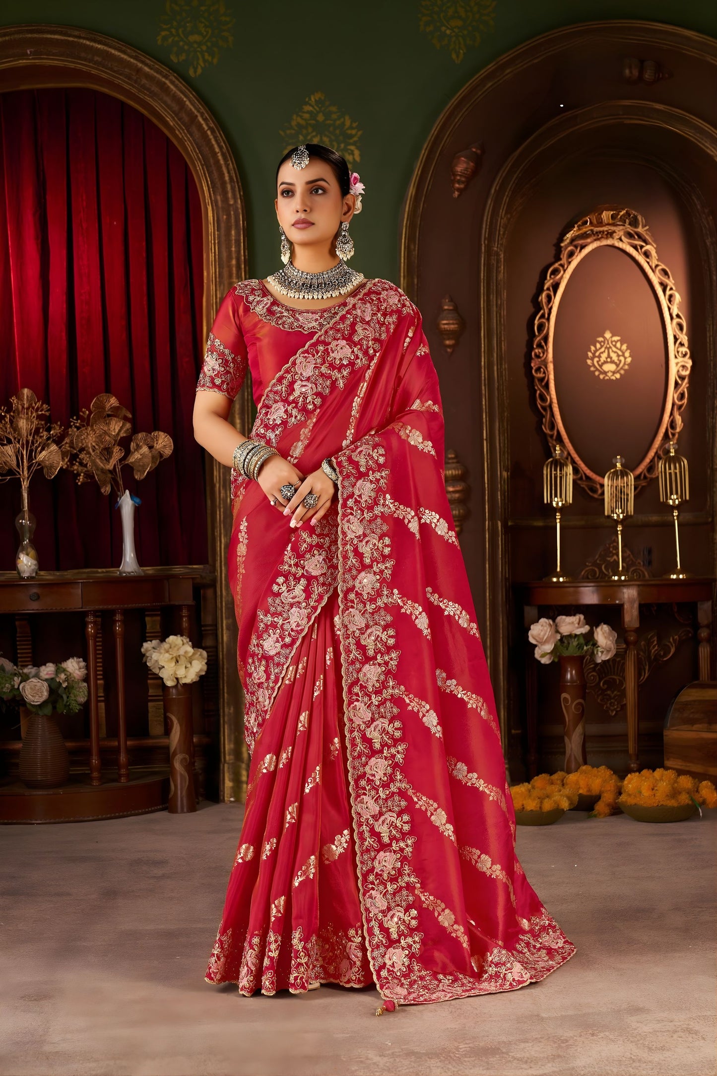 Royal Red Heavy Embroidered Silk Blend Saree with Designer Blouse