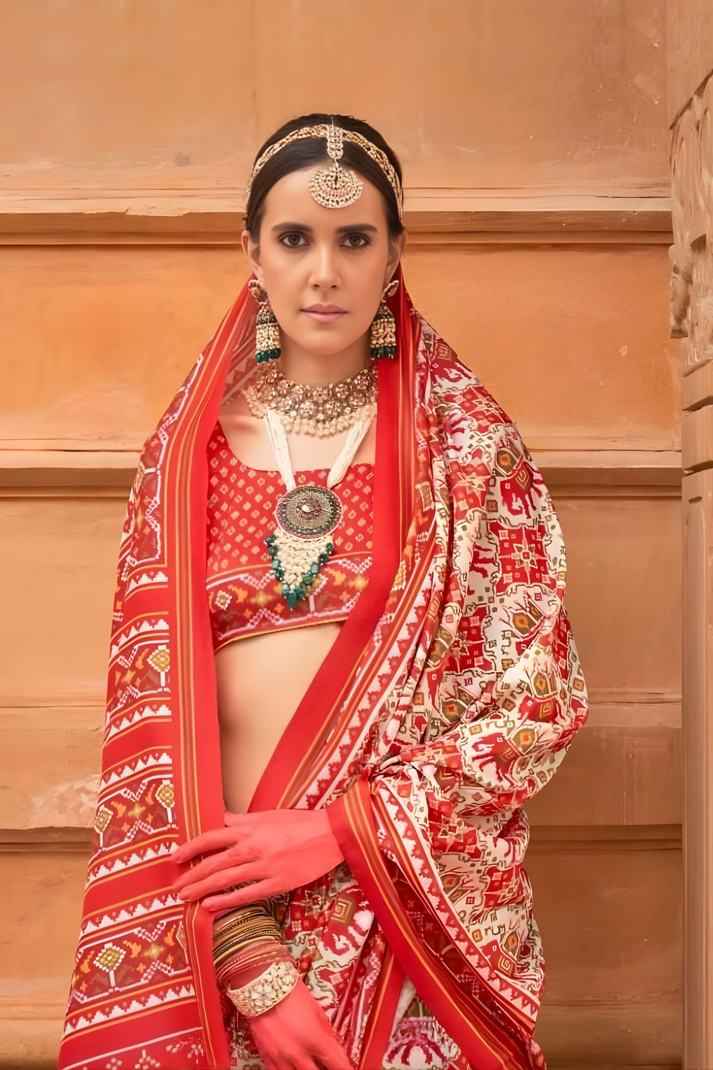 Traditional Red Printed Silk Saree with Ethnic Designer Border
