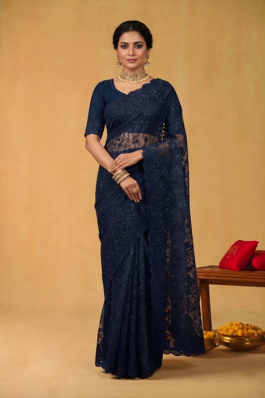 Navy Blue Net Saree Heavy Sequins Embroidery Designer Border