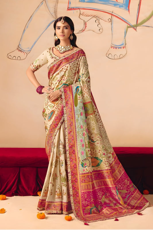 Cream Floral Printed Silk Saree with Pink Zari Border Peacock Pallu