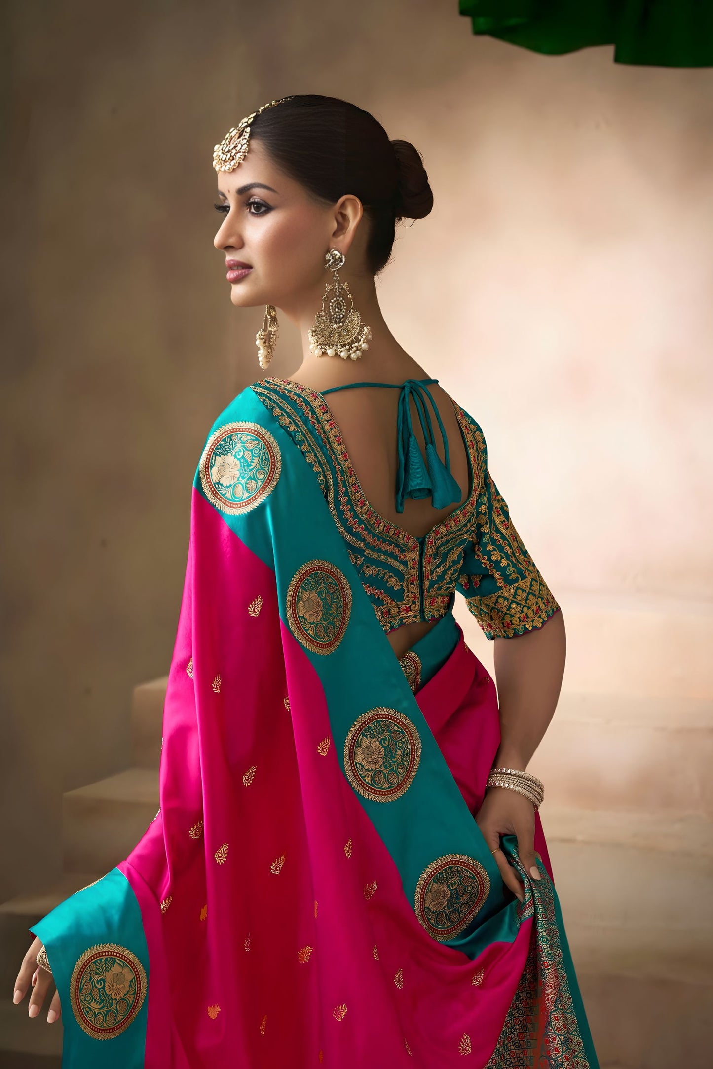 Rani Pink Silk Saree with Teal Green Zari Border Traditional
