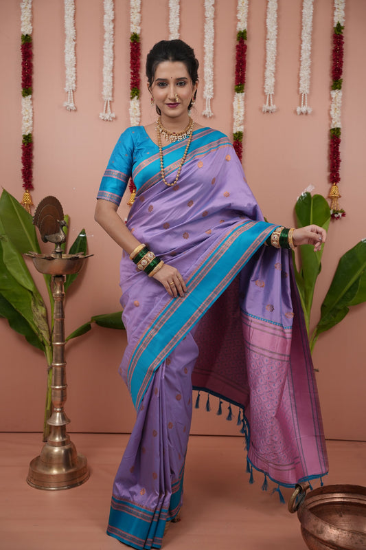 Lavender Silk Saree with Sky Blue Woven Border Traditional Design