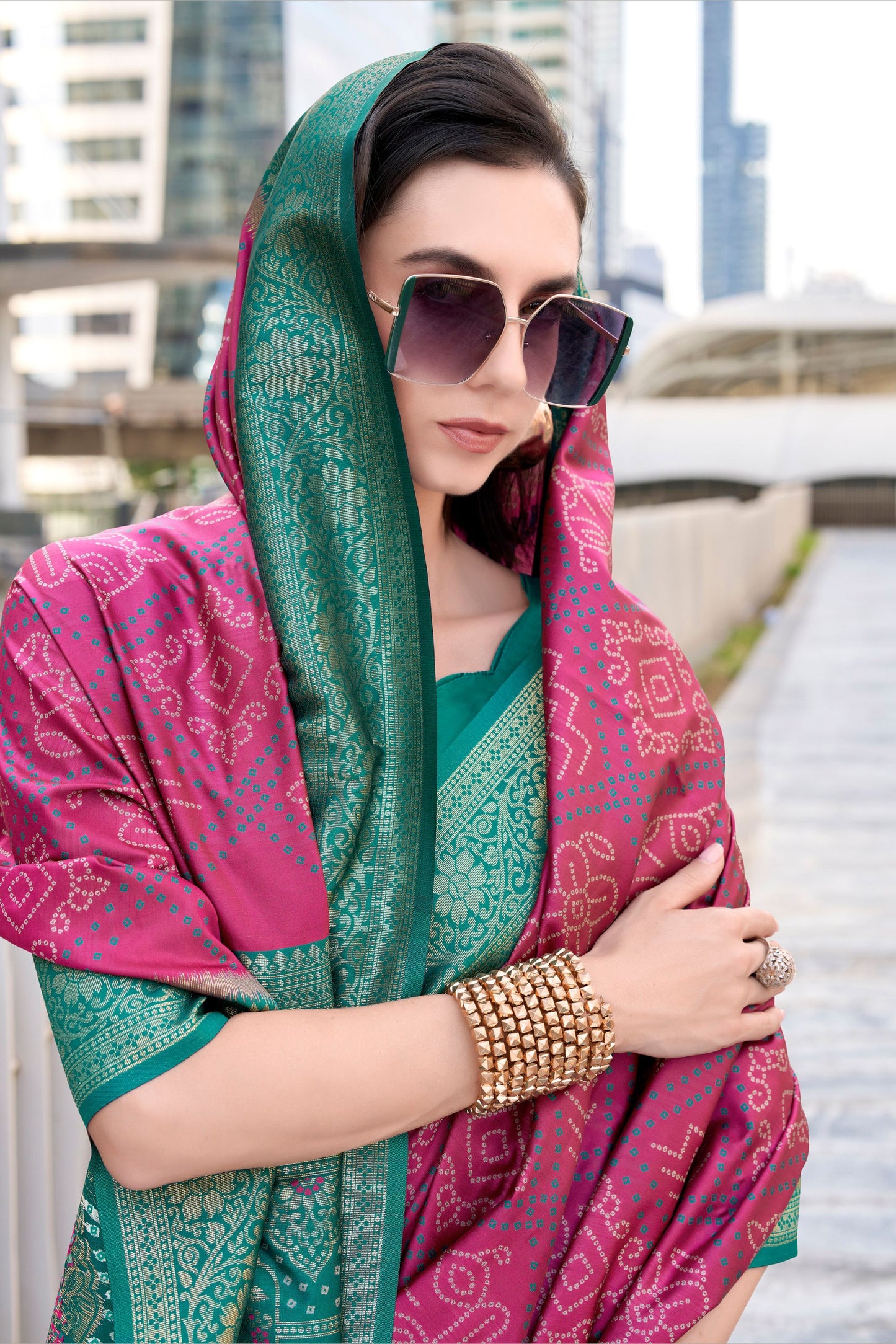 Green And Pink Banarasi Silk Saree with Intricate Zari Festive Wear