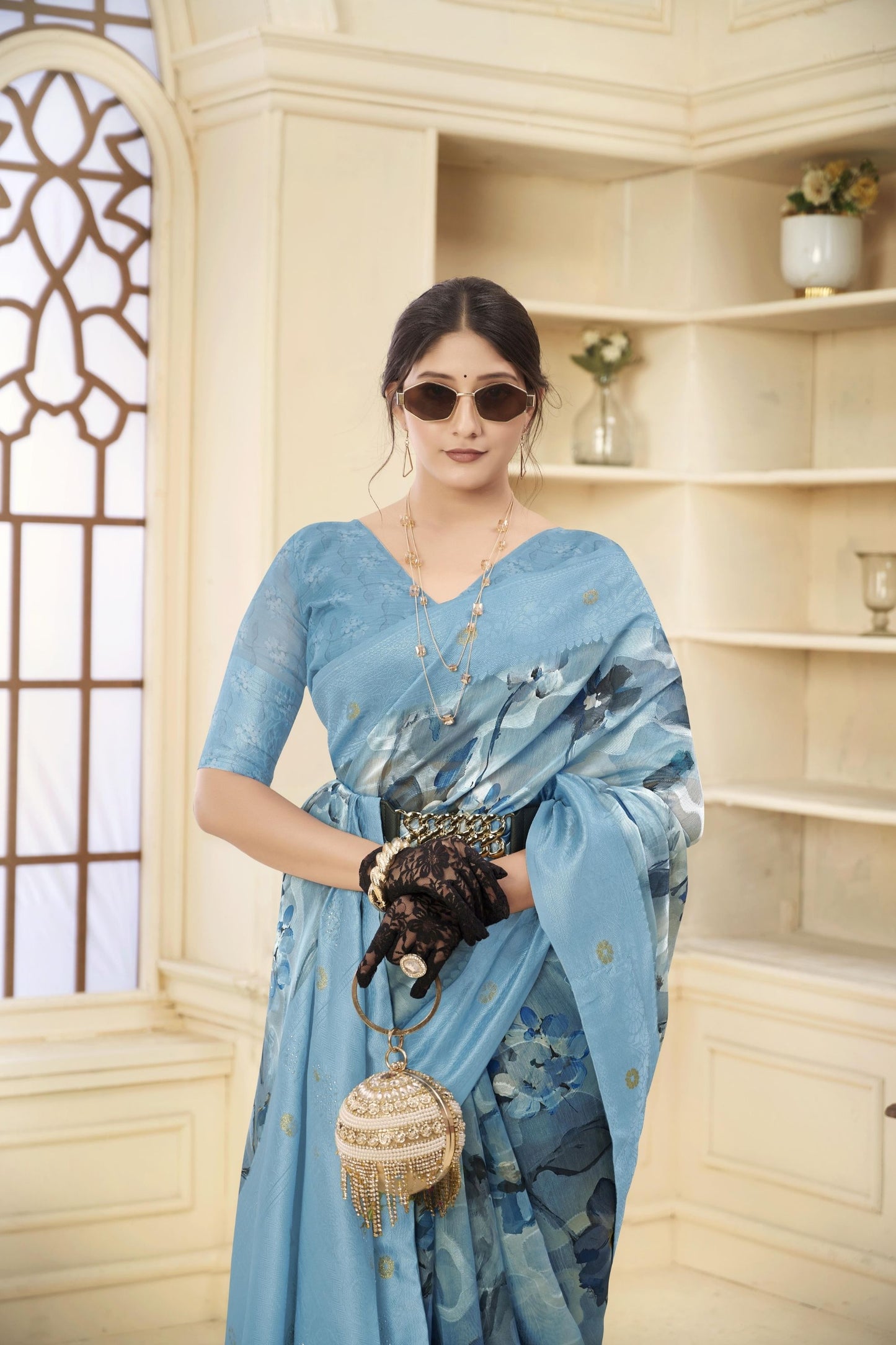 Sky Blue Floral Printed Linen Silk Saree with Zari Highlights and Matching Blouse