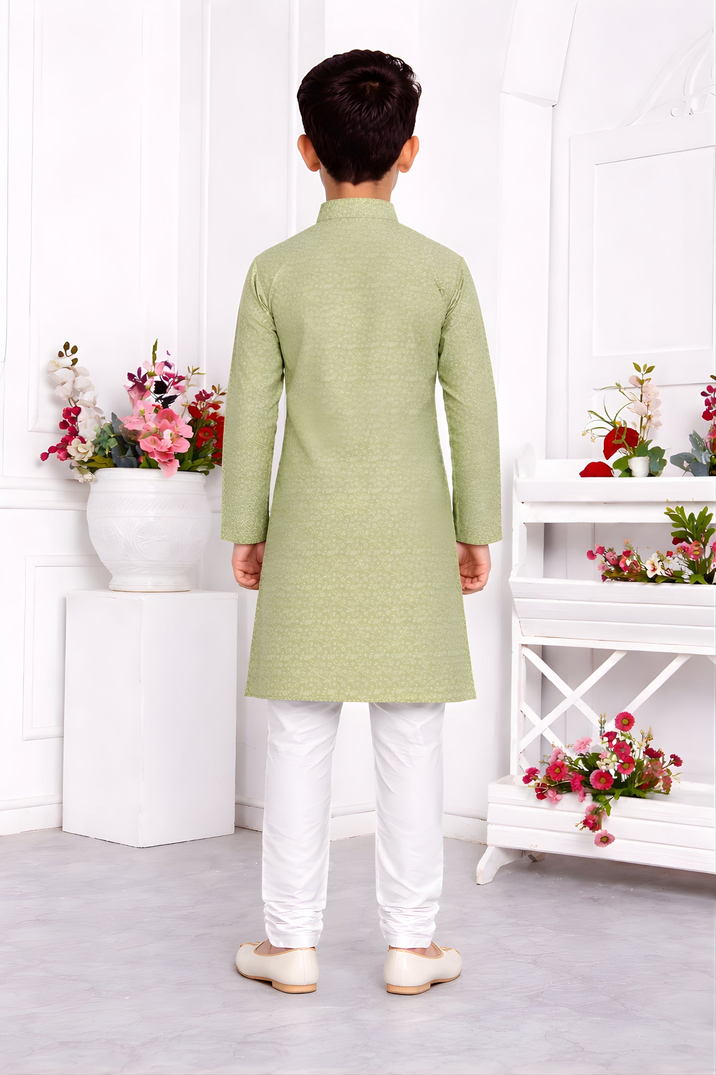 Stylish Pistachio Green Jacquard Silk Pintux Kurta Pajama Set for Boys