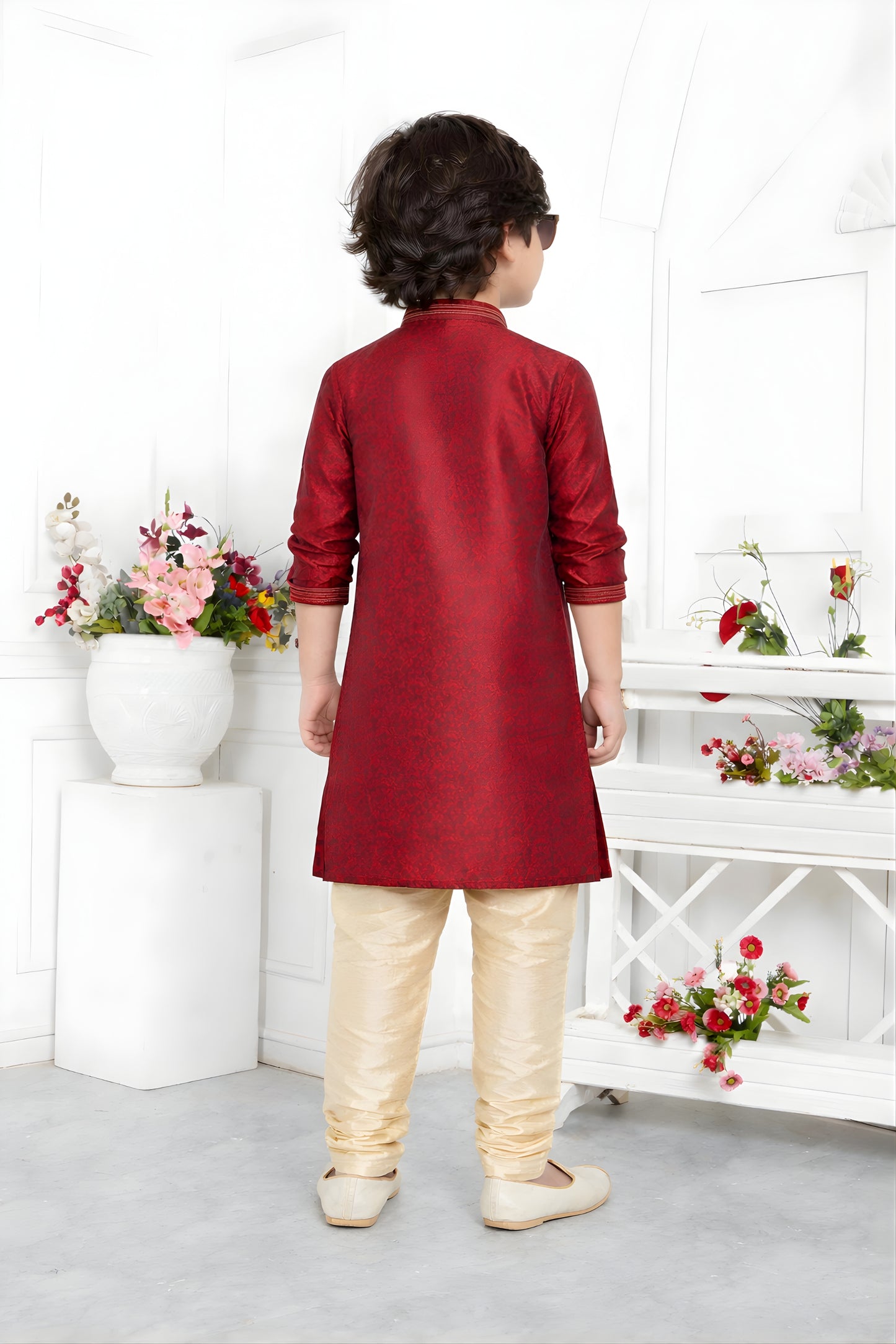 Stunning Maroon Jacquard Silk Pintux Kurta Pajama Set for Boys