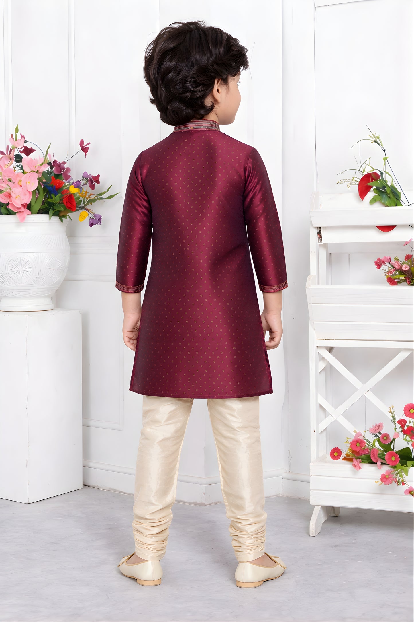 Traditonal Wine Jacquard Silk Pintux Kurta Pajama Set for Boys