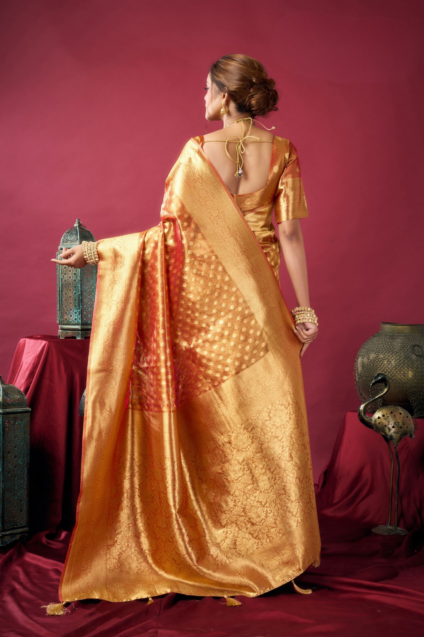 Peach Orange Banarasi Silk Saree Golden Zari Weaving Designer Blouse