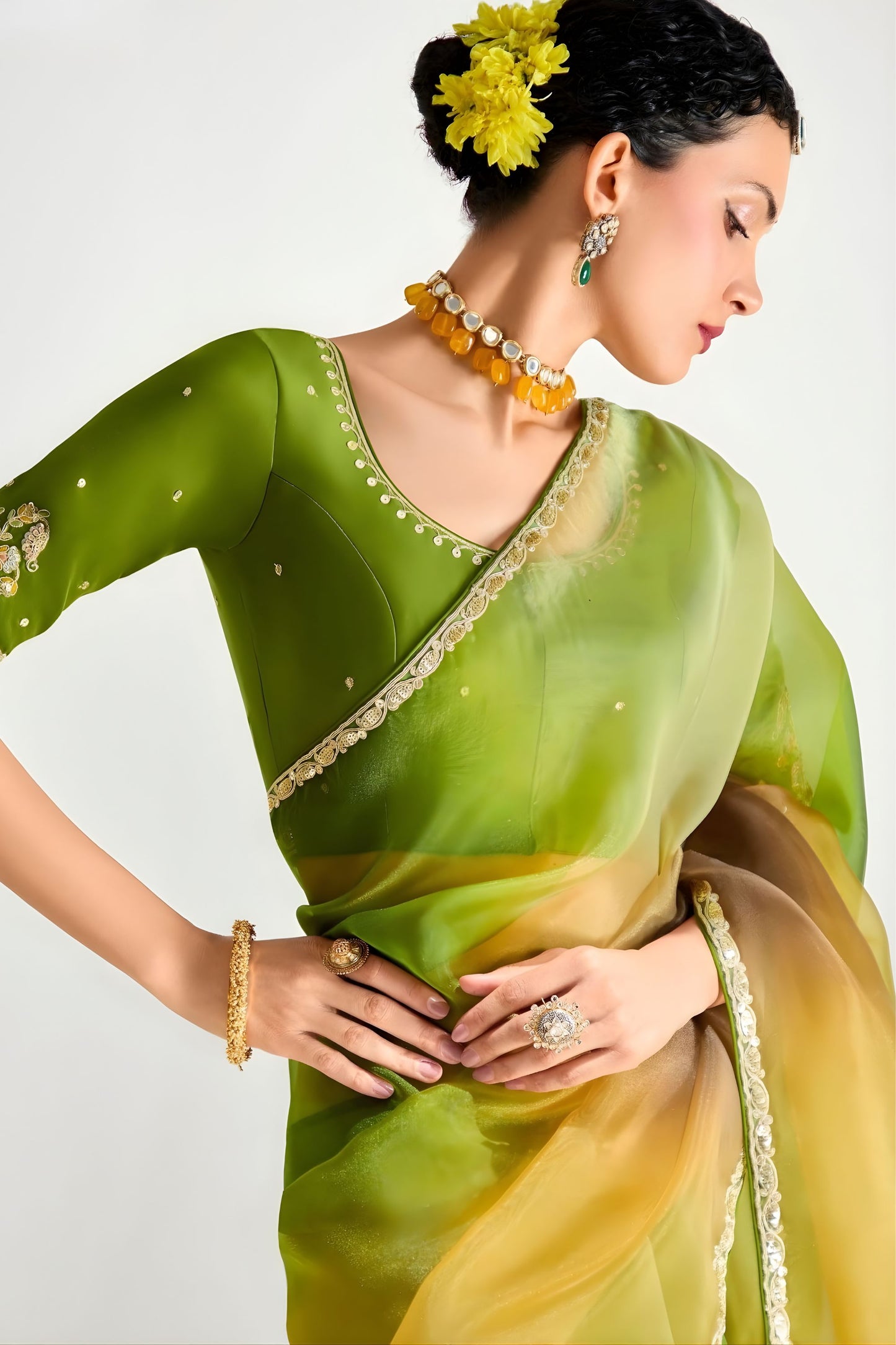 Elegant Green Yellow Ombre Organza Saree with Designer Blouse