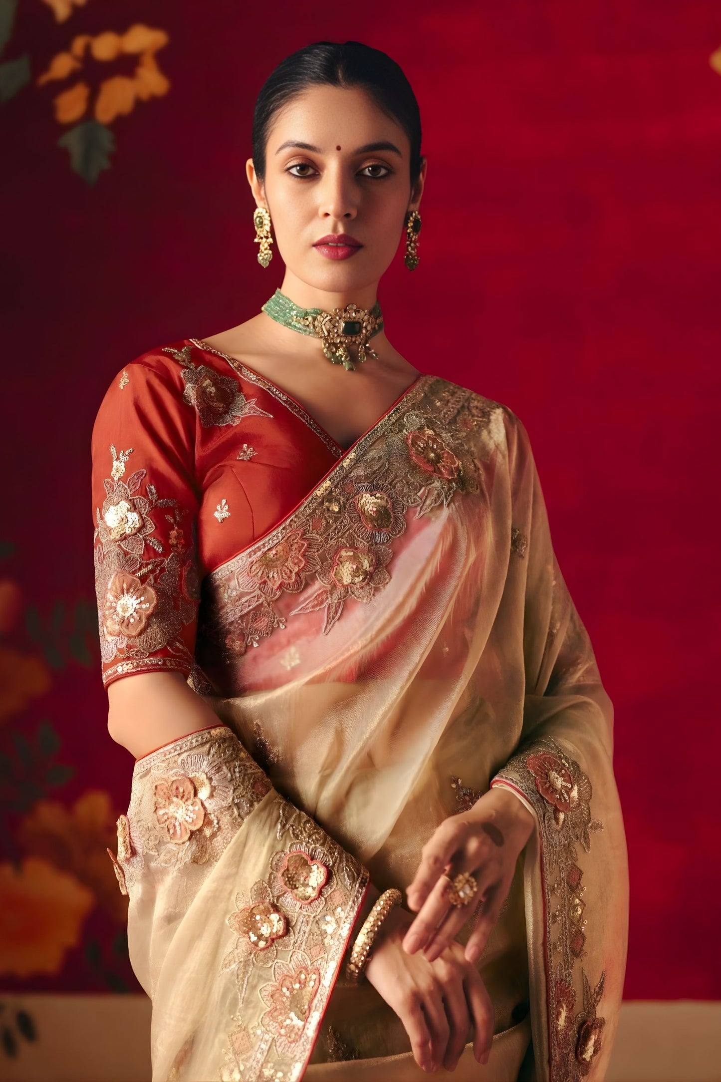 Beige Silk Embroidered Saree Zari Border Red Designer Blouse