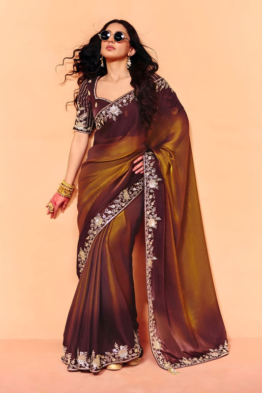 Chocolate Brown Designer Embroidered Silk Saree Zari Border Blouse Piece
