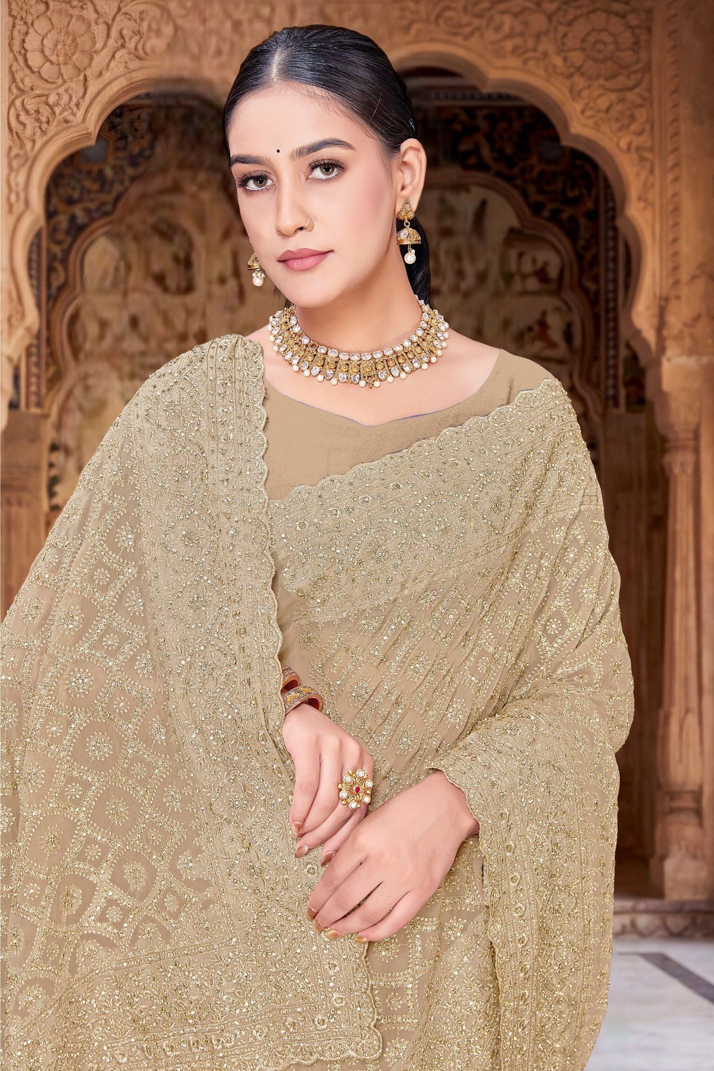 Beige Georgette Saree Heavy Gold Zari Embroidery Designer Blouse