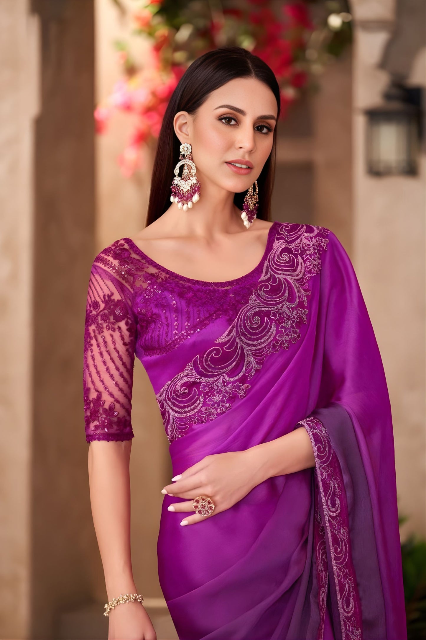 Purple Georgette Saree Embroidered Lace Border Designer Blouse