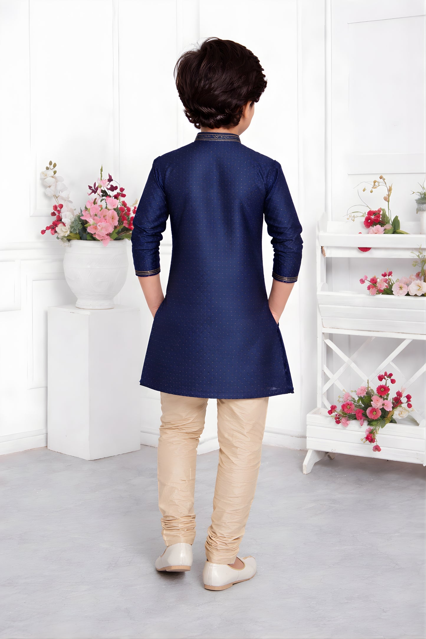 Festive Royal Blue Jacquard Silk Pintux Kurta Pajama Set for Boys