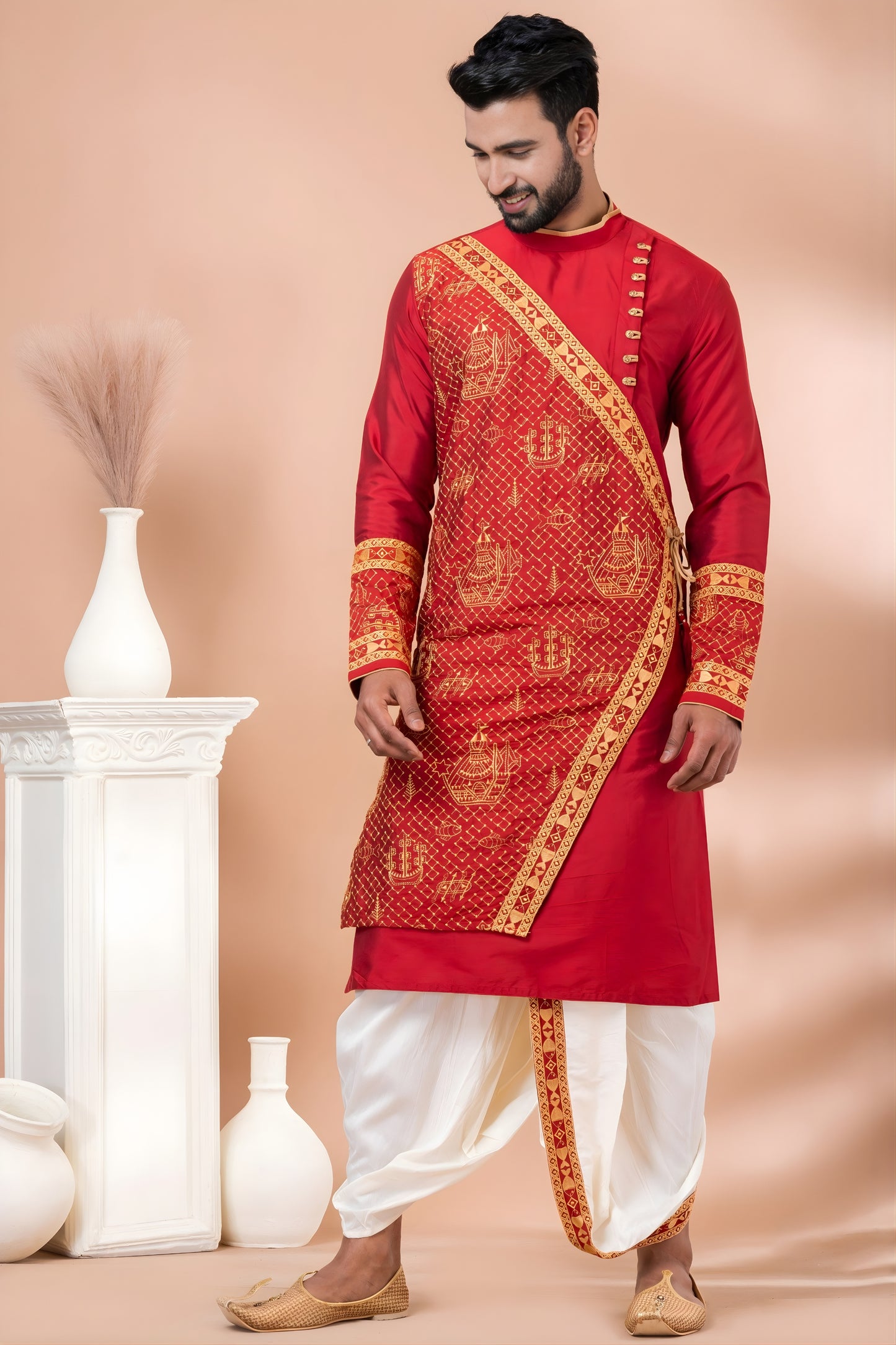 Royal Red Viscose Embroidered Kurta Dhoti Set with Golden Motifs For Men