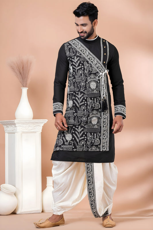 Classic Black Viscose Embroidered Kurta Dhoti Set with Silver Motifs For Men