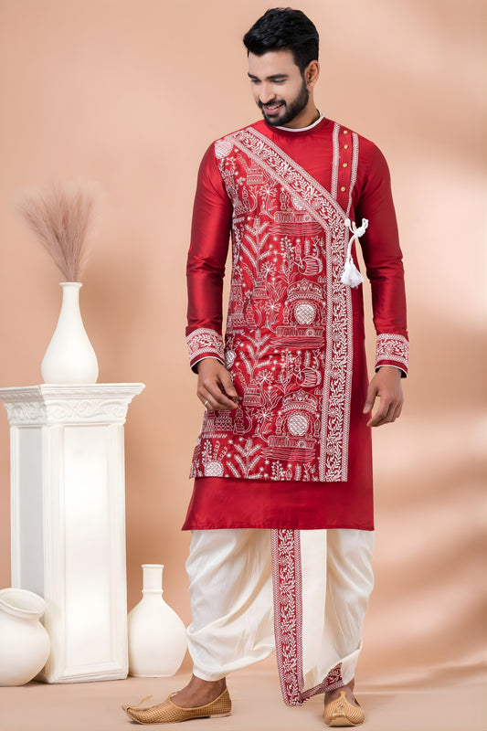 Stylish Red Viscose Embroidered Kurta Dhoti Set with Traditional Motifs For Men