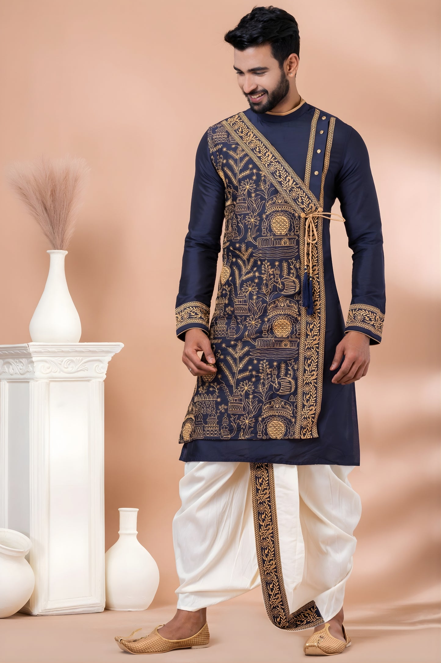 Trendy Navy Blue Viscose Embroidered Kurta Dhoti Set with Golden Motifs