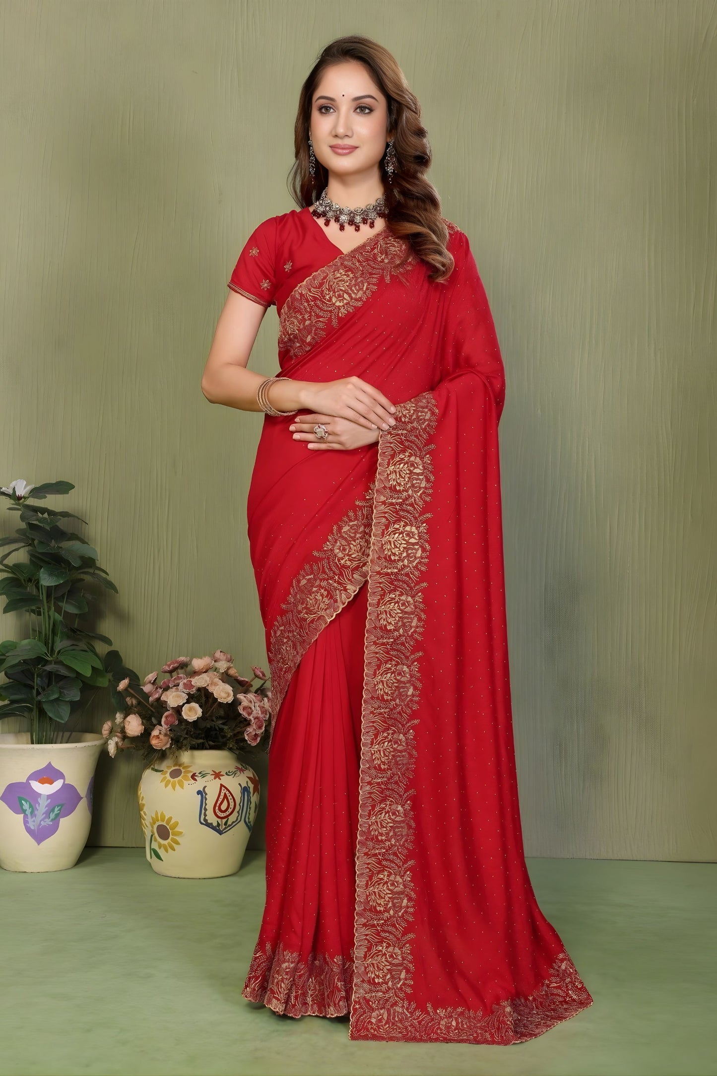 Classic Red Embroidered Georgette Saree with Rich Gold Border