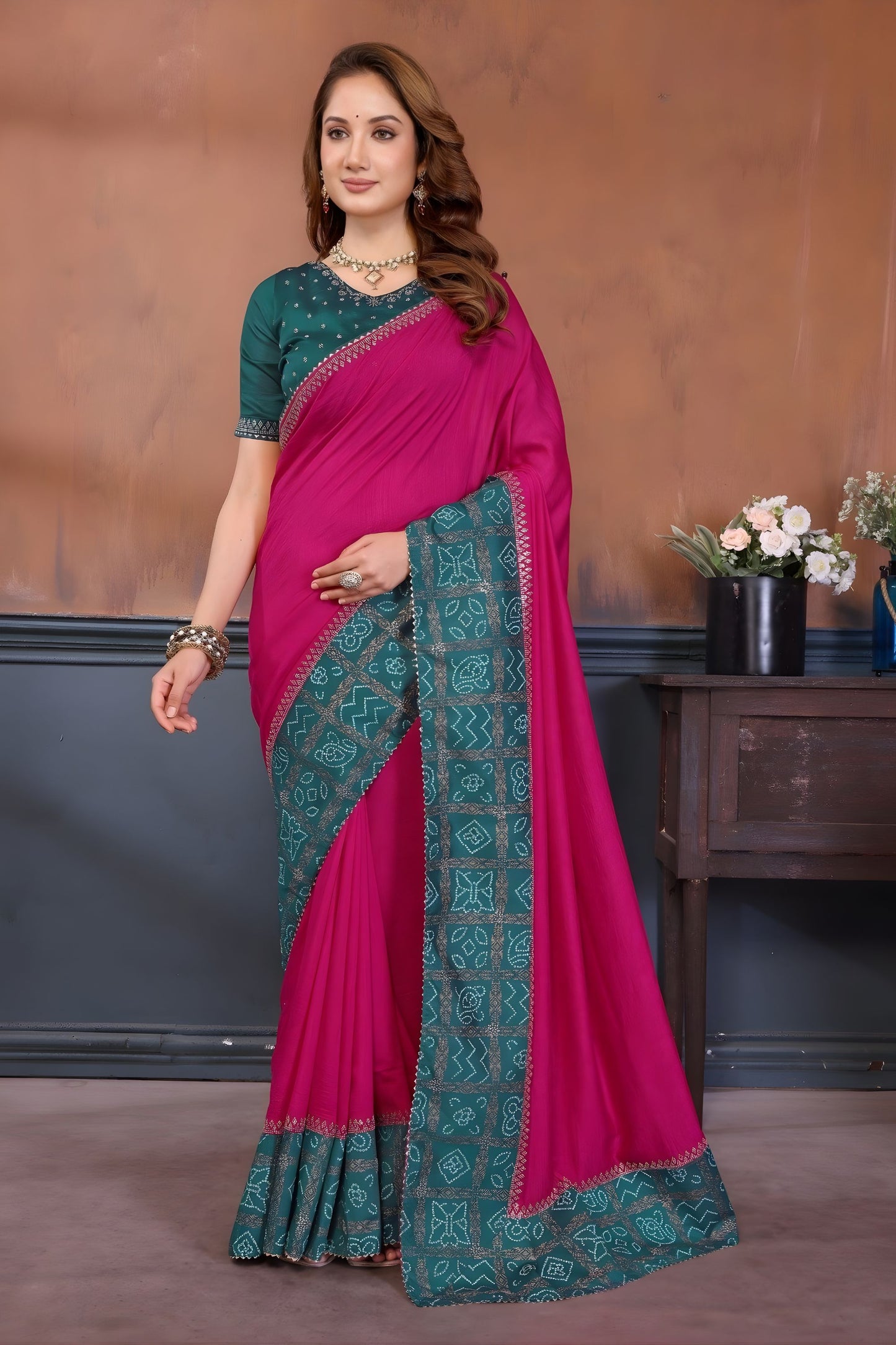Magenta Pink Silk Blend Saree with Contrast Teal Bandhani Border