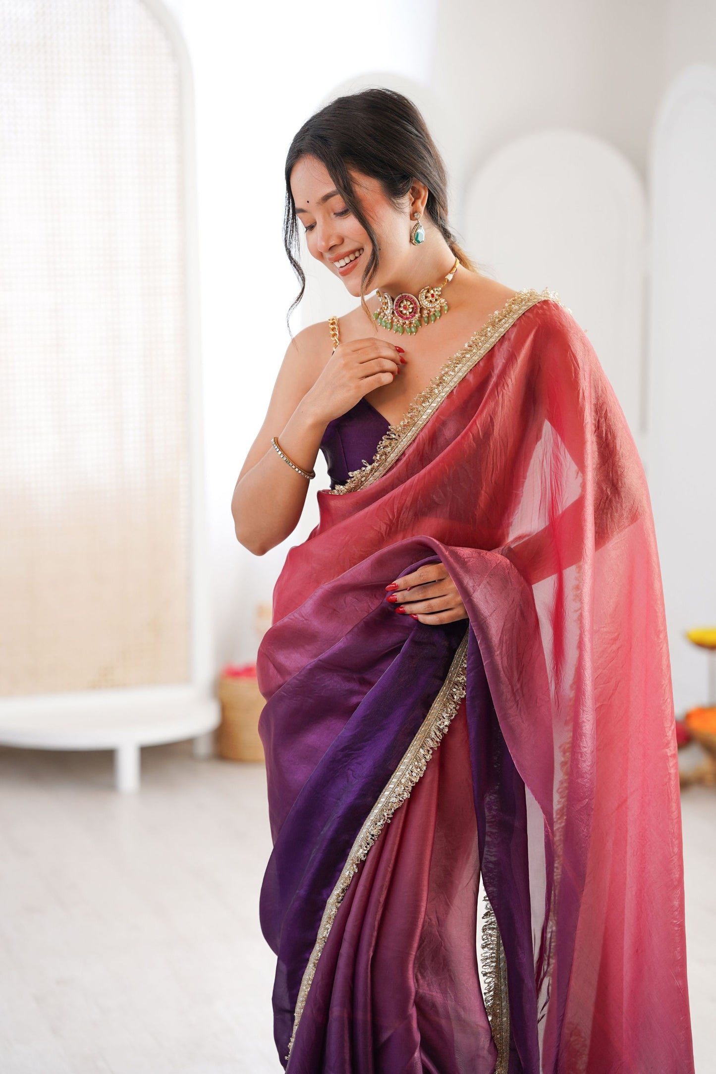 Purple Organza Silk Saree Designer Gold Lace Border Matching Blouse