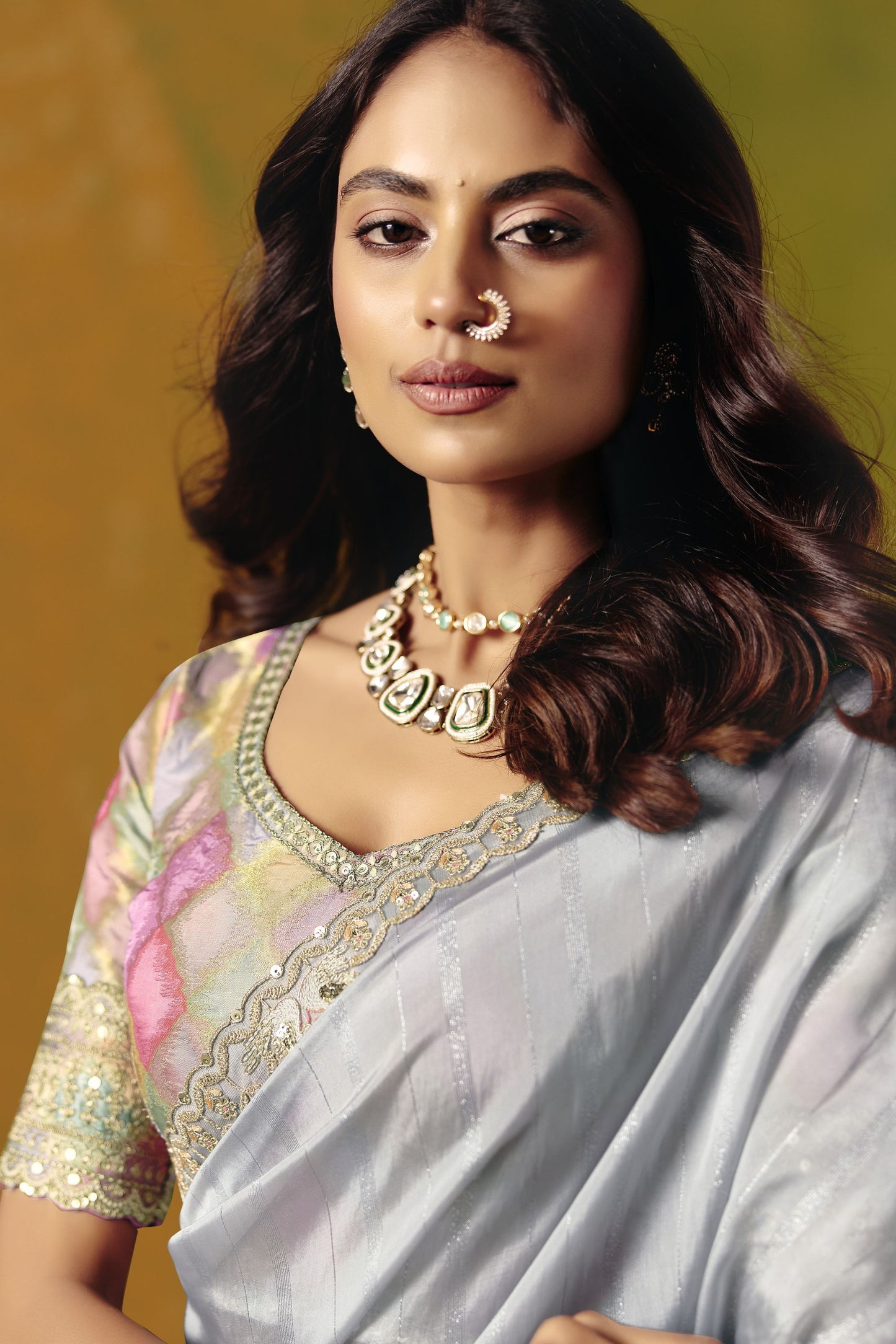 Grey Silk Saree with Embroidered Border Designer Floral Readymade Blouse