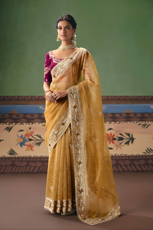 Mustard Yellow Organza Silk Saree Heavy Zari Embroidery Border Designer Blouse