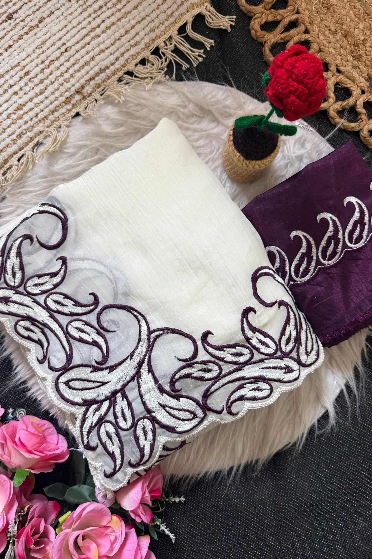 White Organza Saree with Purple Embroidered Border