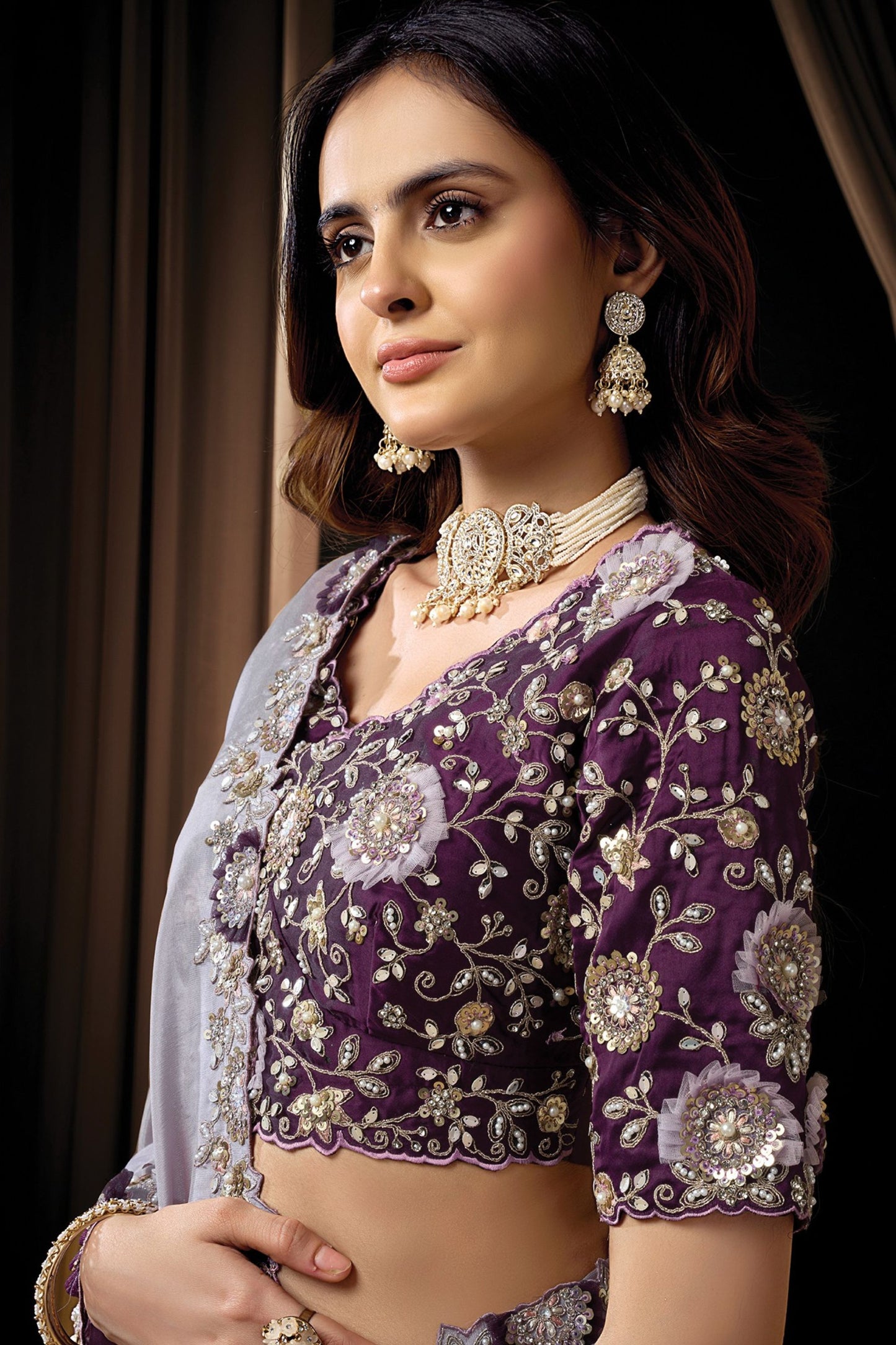 Grey Designer Saree with Heavy Embroidered Border Purple Blouse