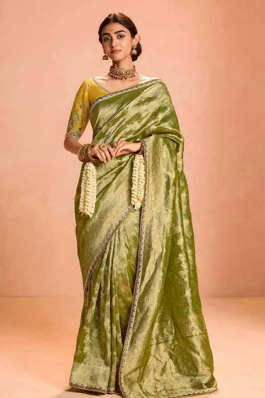 Olive Green Soft Silk Saree with Zari Weaving Designer Blouse