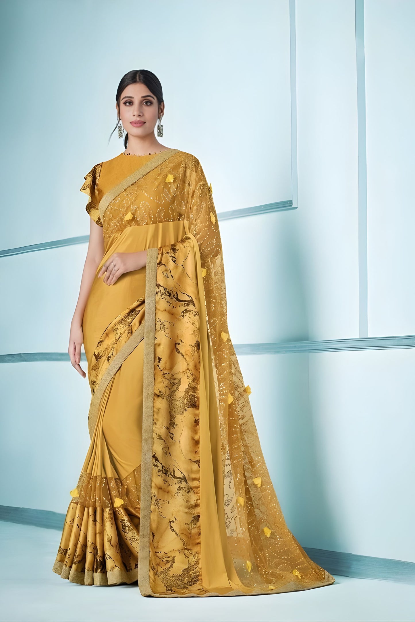 Mustard Yellow Printed Georgette Saree with Golden Border