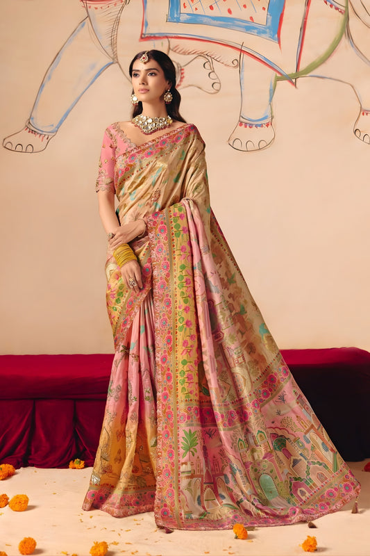 Premium Pink Gold Silk Saree Floral Zari Border Heritage Print Pallu