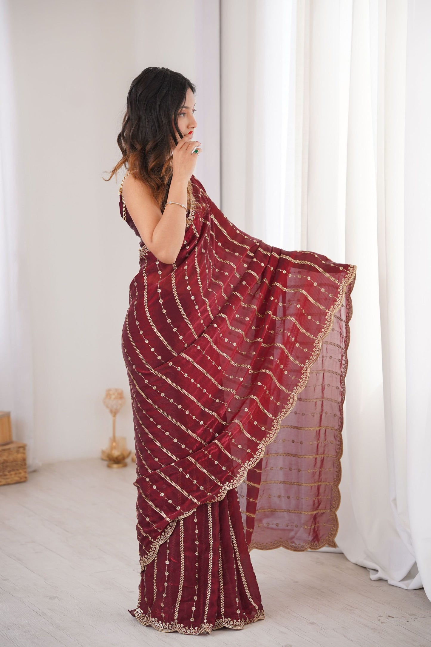 Maroon Organza Silk Saree Golden Zari Embroidery Designer Blouse