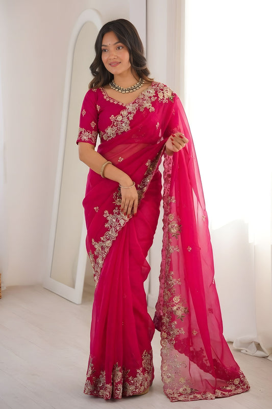 Hot Pink Embroidered Organza Saree Heavy Floral Zari Work Designer Blouse