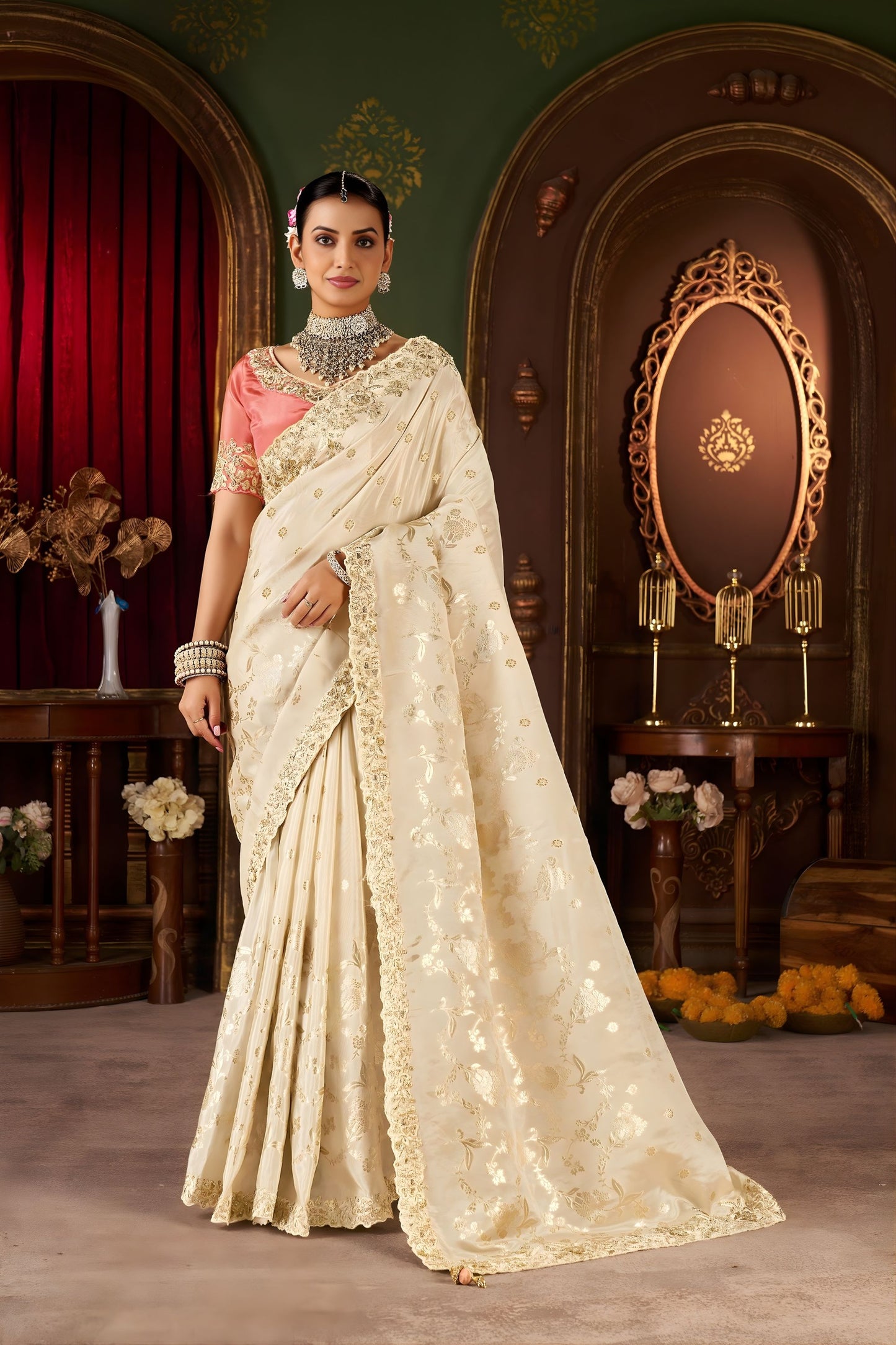 Ivory Gold Silk Saree with Heavy Zari Border Pink Blouse Traditional Wear Saree