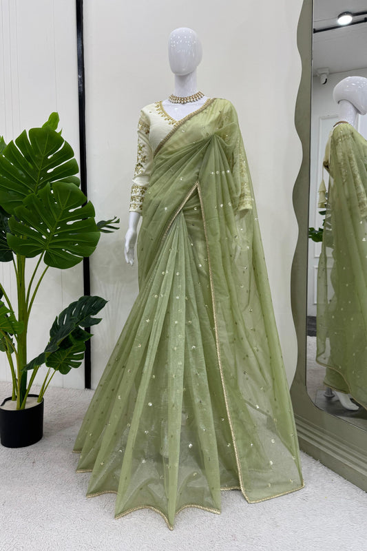 Olive Green Organza Silk Saree Sequin Embroidered Designer Blouse