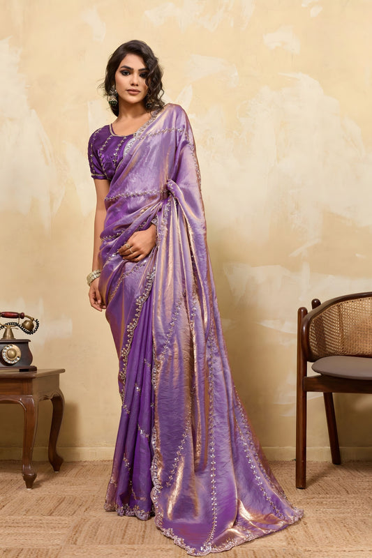 Purple Silk Blend Saree with Golden Zari Embroidery Designer Blouse