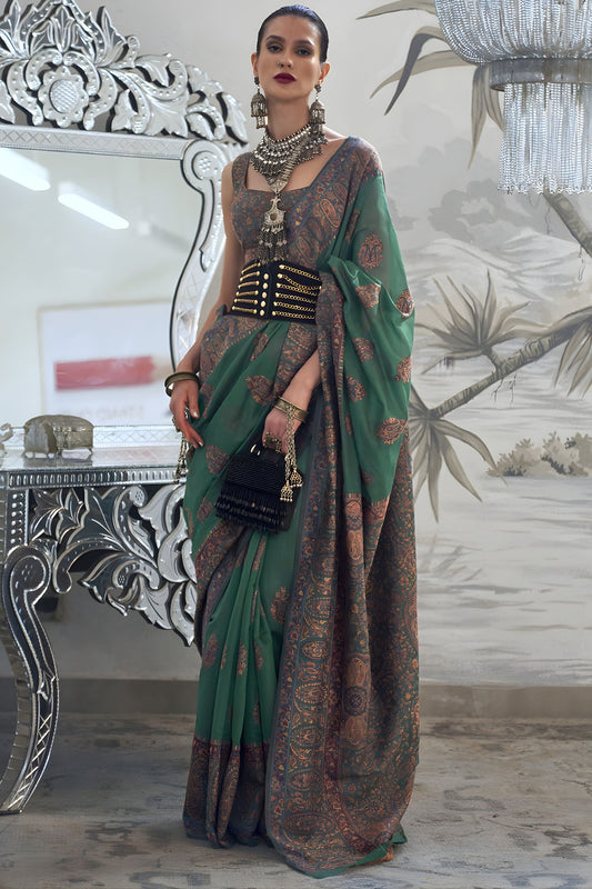 Green Banarasi Silk Saree with Traditional Paisley Woven Border