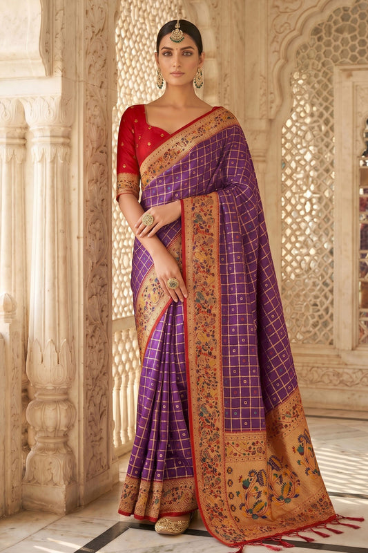 Purple Paithani Silk Saree Traditional Zari Border Designer Red Blouse