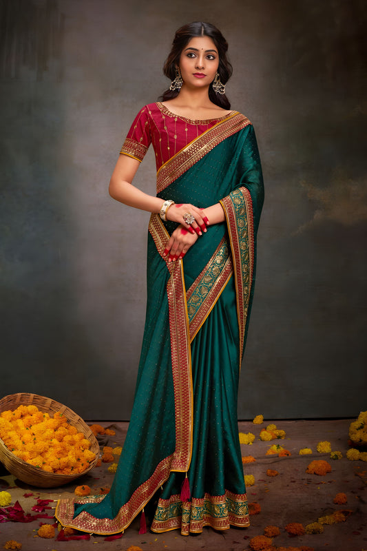 Teal Green Designer Saree Embroidered Border Contrast Blouse