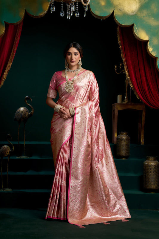 Pink Banarasi Silk Saree with Rich Zari Weaving Contrast Border