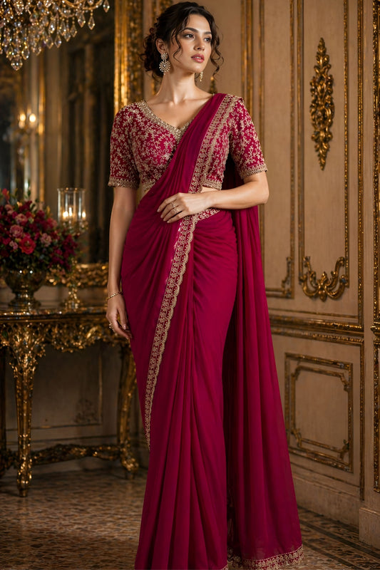Beautiful Wine Red Designer Georgette Saree with Embroidered Blouse