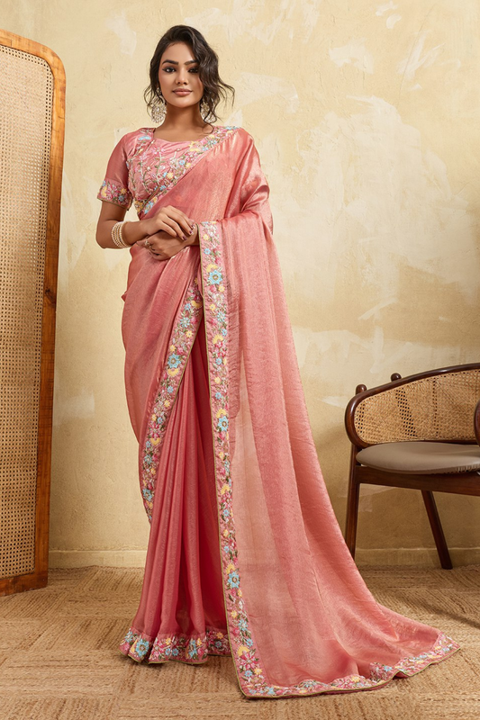 Peach Pink Organza Silk Saree with Floral Embroidered Border