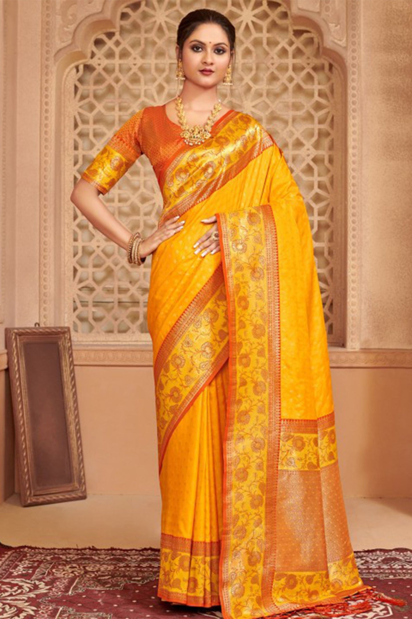 Traditional Yellow Banarasi Silk Saree Blouse Piece