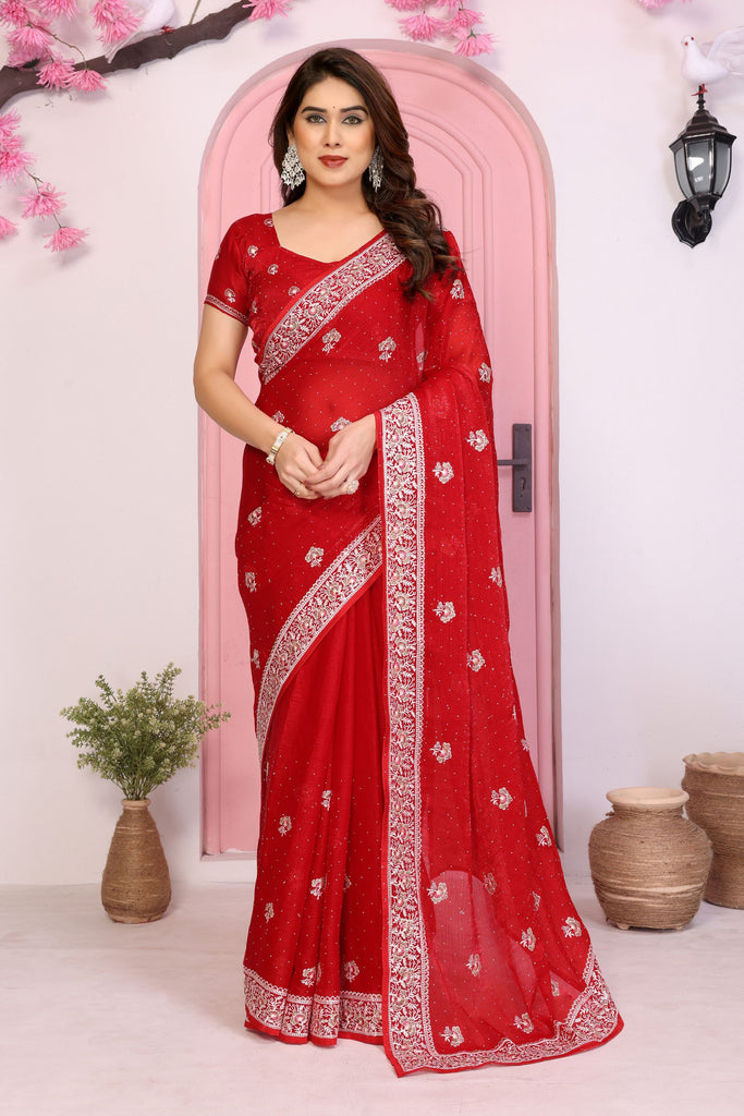 Elegant Red Embroidered Saree with Blouse Party Wear