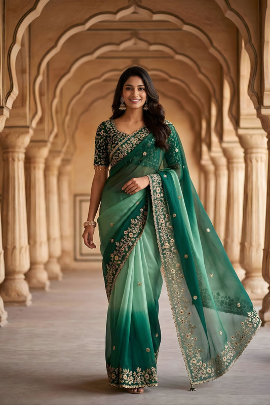 Green Ombre Saree with Gold Embroidered Border Designer Saree