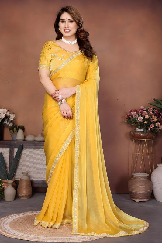 Yellow Designer Organza Saree with Embroidered Border