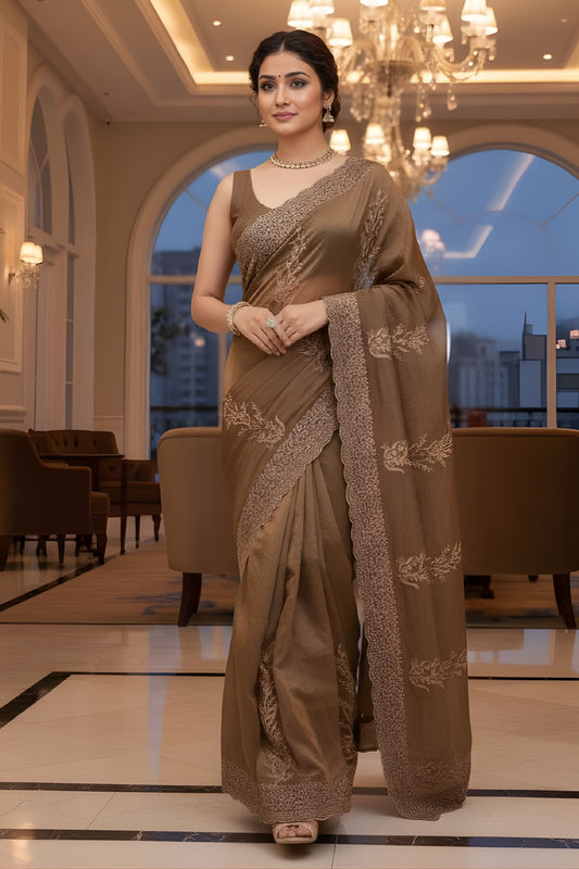 Coffee Brown Silk Saree with Embroidered Border Designer Pallu