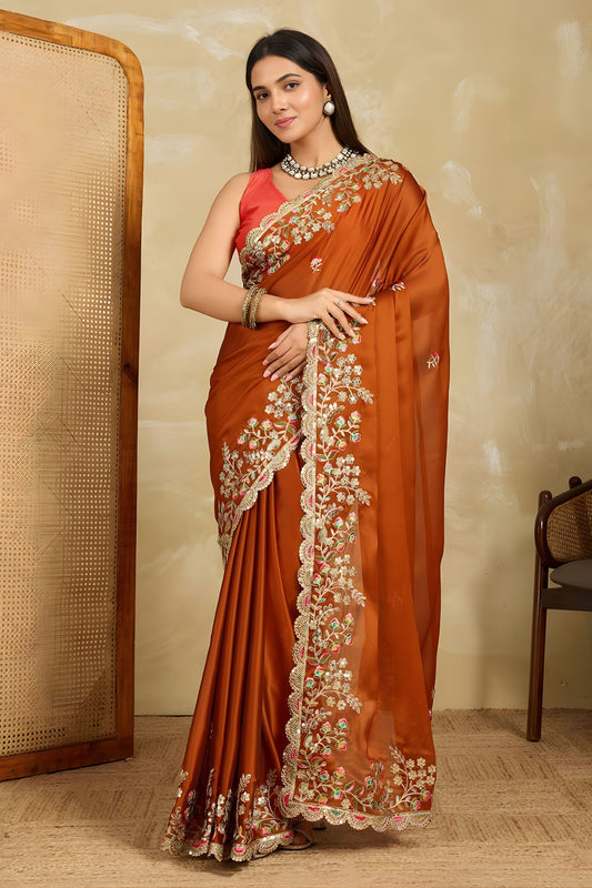 Rust Orange Embroidered Georgette Saree Heavy Floral Border Designer Blouse