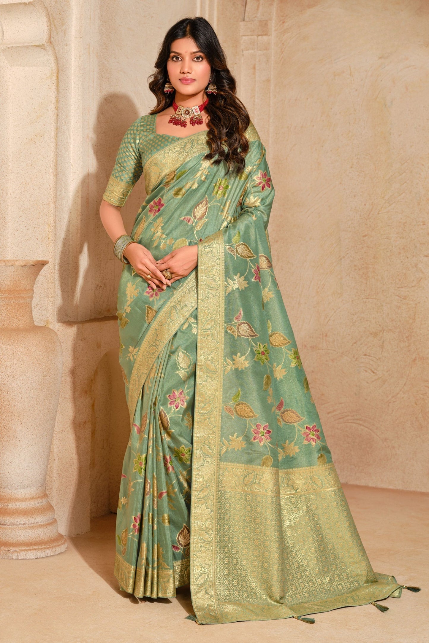 Pastel Green Banarasi Silk Saree Rich Gold Zari Weaving Traditional Border